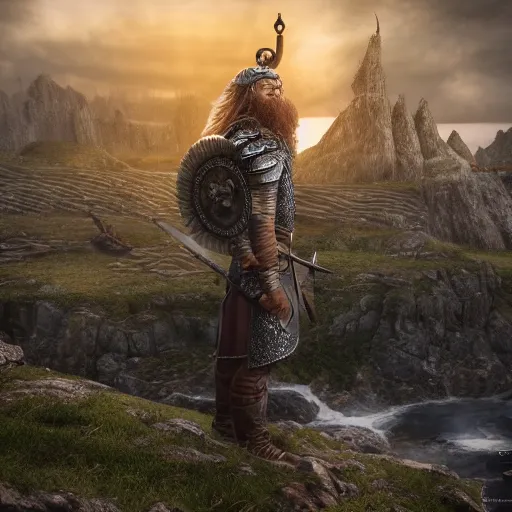 Image similar to an ultra detailed mighty viking standing portrait in front of a highly detailed landscape of a big and structured norse city inspired by valhalla, big and structured valhalla city, viking heaven, god rays, inspired by norse mythology, 4k digital art, octane render, trending on artstation, digital art,