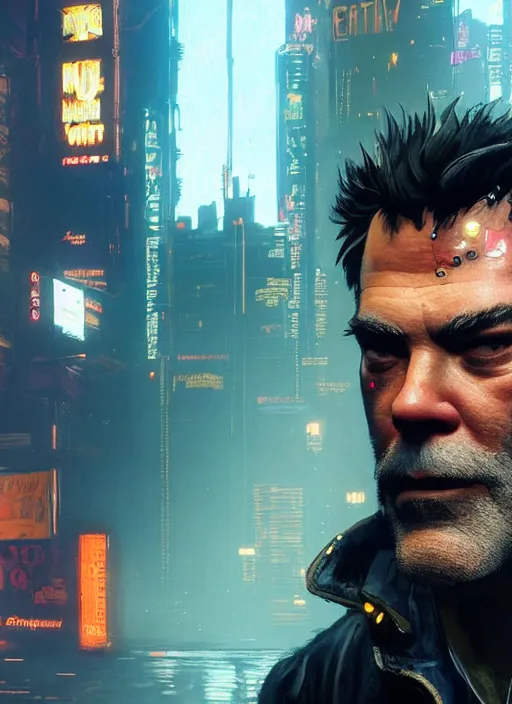 Image similar to portrait of ray liotta as a homeless character in cyberpunk 2 0 7 7, looking at camera, intricate, dystopian, sci - fi, extremely detailed, digital painting, artstation, concept art, smooth, sharp focus, illustration, intimidating lighting, incredible art by artgerm and greg rutkowski and alphonse mucha and simon stalenhag