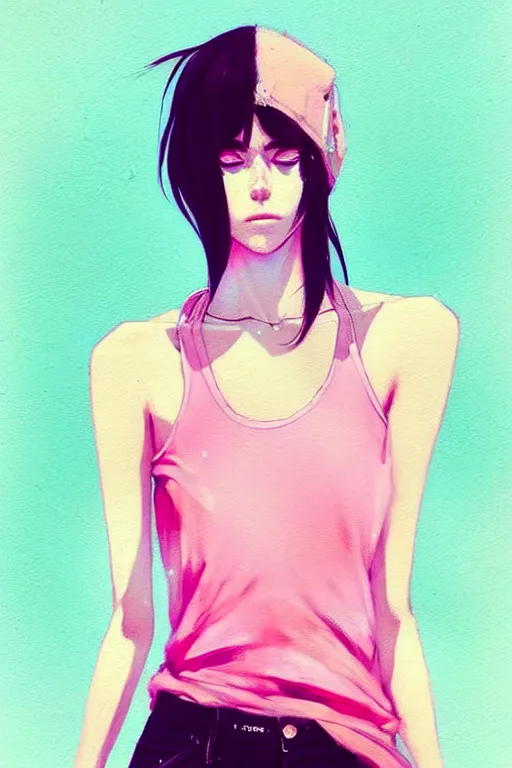 Prompt: a ultradetailed beautiful painting of a stylish woman in a pink tank top, by conrad roset, greg rutkowski and makoto shinkai trending on artstation