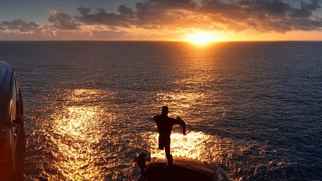 Image similar to a movie still of a man standing on the roof of a car driving through the ocean at sunset, golden hour