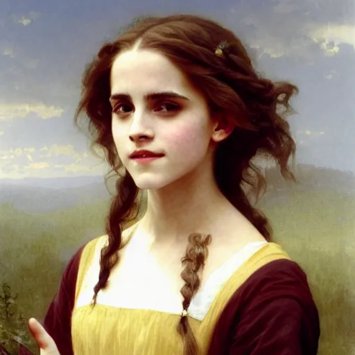 Image similar to Painting of Emma Watson as Hermione Granger. Smiling. Happy. Cheerful. Art by william adolphe bouguereau. Extremely detailed. Beautiful. 4K. Award winning.