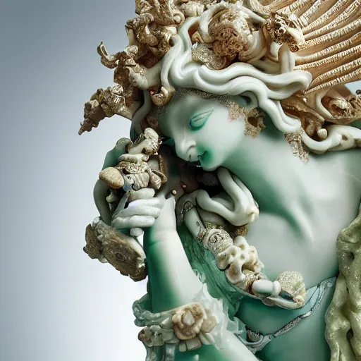 Image similar to a closeup photo, rococo alabaster and jade real delicate ceramic porcelain sculpture of an ornate detailed vulture goddess in front of an intricate background by rafael, micro detail, backlit lighting, subsurface scattering, translucent, thin porcelain, emerald, jade, octane renderer, colorful, physically based rendering, trending on cgsociety