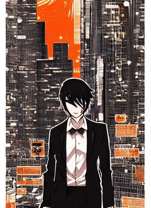 Image similar to manga cover, anthromorphic orange man in a black business suit, intricate cyberpunk city, emotional lighting, character illustration by tatsuki fujimoto