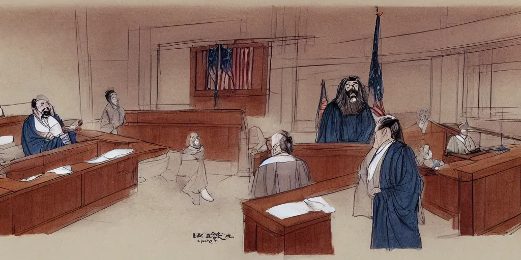 Prompt: Confucius and jury trial in the american courtroom sketch by Arthur Lien by Christine Cornell by Batton Lash by John M. Downs by Leo Hershfield, concept art