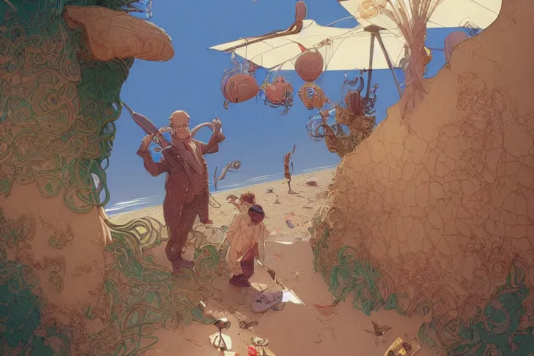 Prompt: an epic painting of tired and bored 5 5 - year old male journalist finally going on beach vacation, artstation, hyperdetailed, beautiful lighting, by james jean, moebius, cory loftis, craig mullins, rutkowski, mucha, kim jung - gi, klimt, roger dean, highly detailed, few ultramarine highlights, oil on canvas