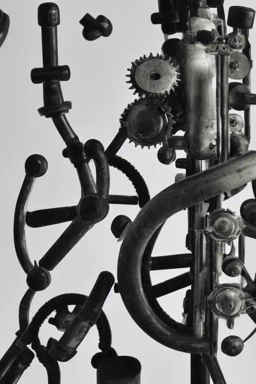 Image similar to a close-up portrait of Marcel Duchamp's industrial chess-piece-building machine in the style of Hito Steyerl and Shinya Tsukamoto and Irving Penn and Robert Frank, minimal contraption