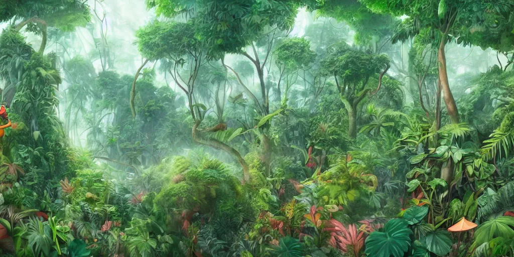 Prompt: A surrealist tropical jungle, by studio ghibli, michelangelo and raphael, lurking eyes everywhere, highly detailed, overgrown vegetation, mosh on the trees, digital painting, matte painting, concept art, illustration, oppressive lighting, trending on artstation, very detailed, chiaroscuro,