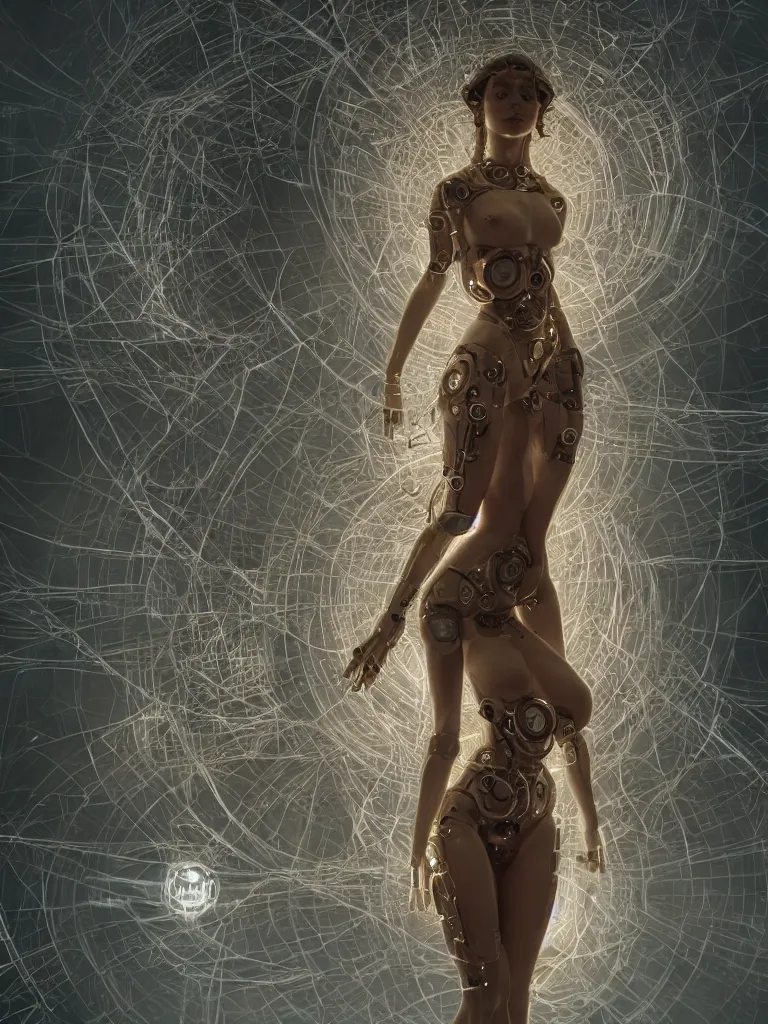 Prompt: a photo of a robotic woman covered in modular synthesizer parts surrounded by sacred geometry made from elven architecture, full body, perfect face, powerful, cinematic, beautifully lit, by bastien lecouffe - deharme, by karol bak, 3 d, octane render, 8 k
