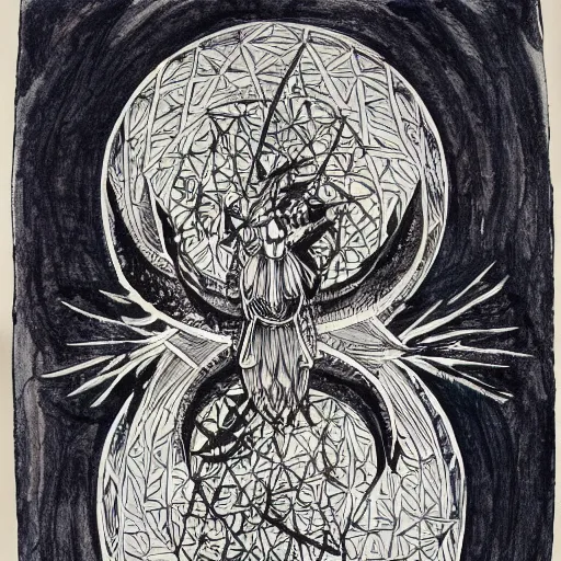 Image similar to an opened spiral with three flying birds, representing liberty, ink, black watercolour