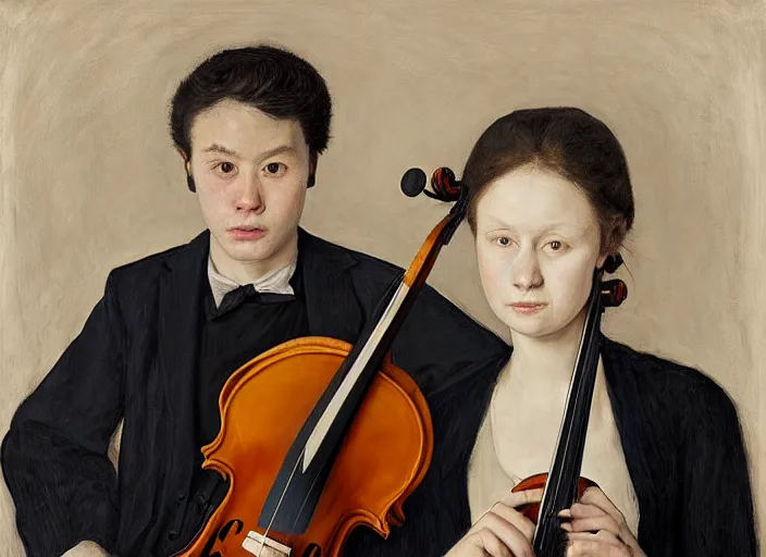 Prompt: portrait of two young nervous violin players getting ready to perform, half figure front, killian eng and pat steir and hilma af klint and james jean, psychological, photorealistic, symmetrical faces, intriguing eyes, rendered in octane, altermodern, masterpiece