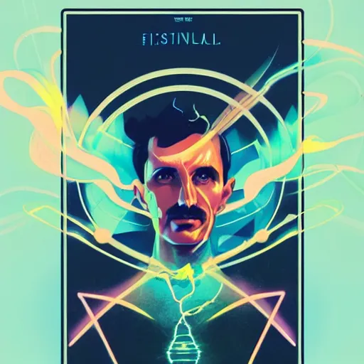 Image similar to majestic futuristic visionary inventor nikola tesla tarot card by sachin teng, artgerm, darius zawadzki, masterpiece, organic painting, matte painting, technical geometrical drawing shapes, swirling lightning electricity bolt, hard edges, graffiti, movie poster art by sachin teng, artstation trending