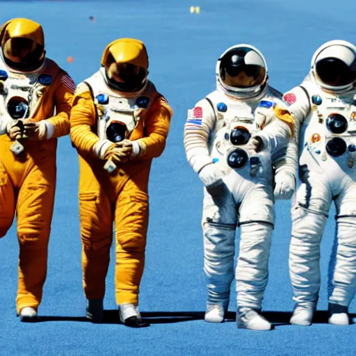 Image similar to 5 space astronauts in spacesuits of different colors, running in a relay race in a stadium, olympic games