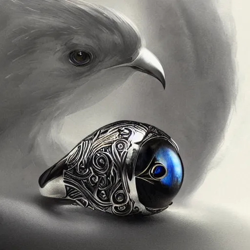 Prompt: silver ring with an engraved bird with a black gem on it's back it, highly detailed, digital painting, trending on artstation, concept art, sharp focus, illustration, art by artgerm and greg rutkowski and magali villeneuve