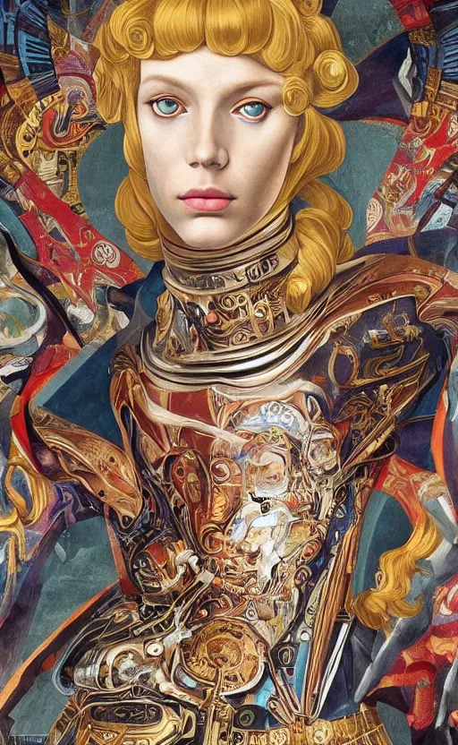 Image similar to beautifully painted mural of a young cyborg king in ornate royal fabric, piercing glowing eyes, sci fi scenery, vogue cover poses, mural in the style of sandro botticelli, caravaggio, albrecth durer