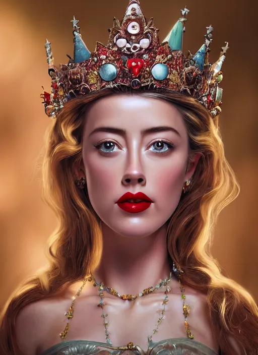 Image similar to closeup face profile portrait of tin toy amber heard as a fairytale princess wearing a crown eating cakes, bikini, depth of field, zeiss lens, detailed, symmetrical, centered, fashion photoshoot, by nicoletta ceccoli, mark ryden, lostfish, breathtaking, 8 k resolution, extremely detailed, beautiful, establishing shot, artistic, hyperrealistic, octane render