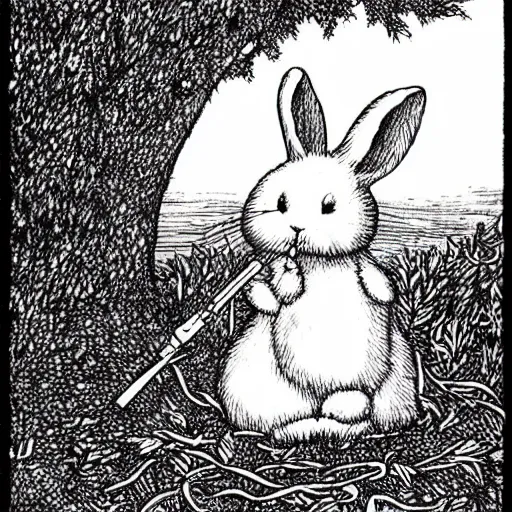 Image similar to drawing of a white bunny smoking a big cigarette in the deep tangled forest, by edward gorey, by gustav dore, black ink on white paper