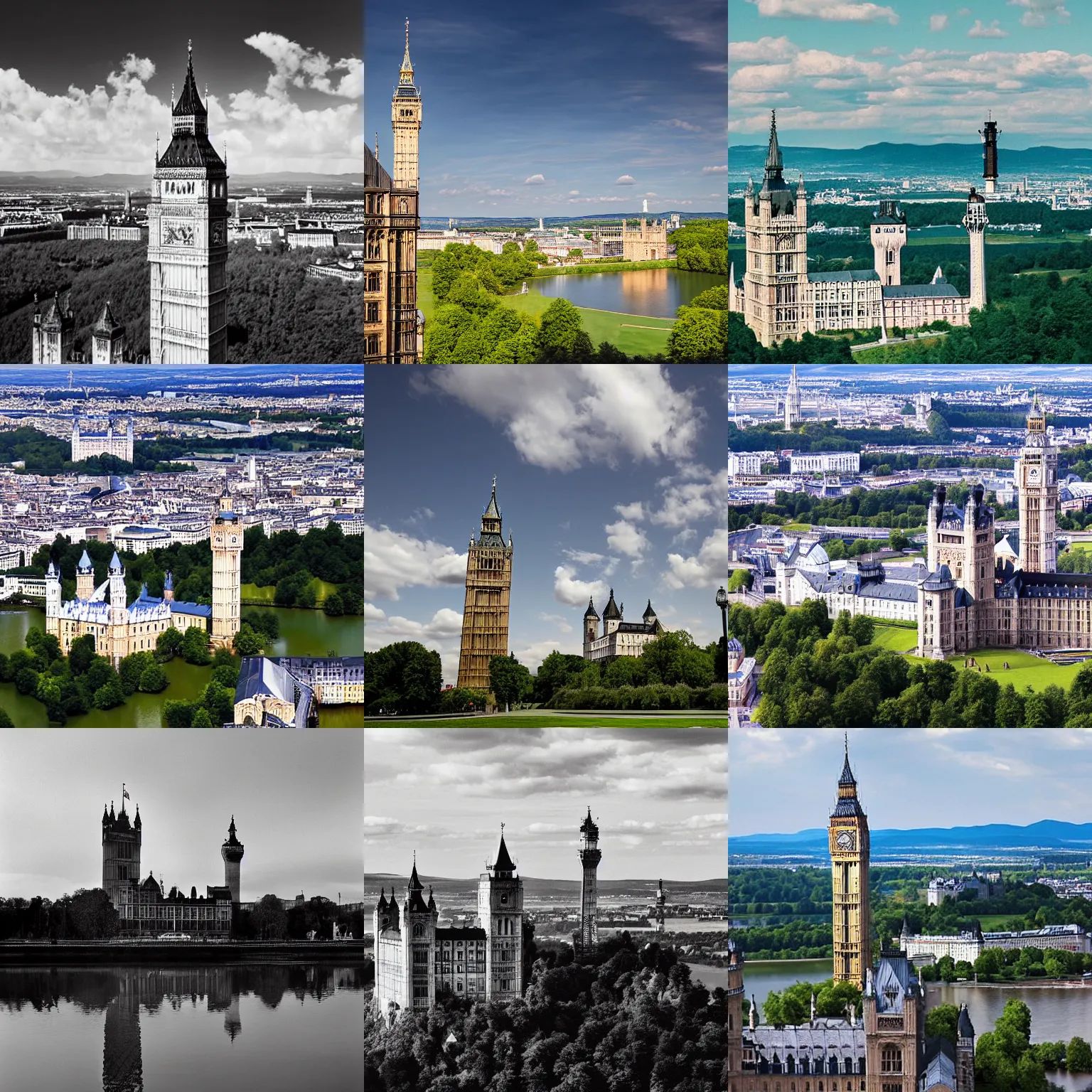 Prompt: big ben! and the collosseum!!!!! and the eiffel!!!!! tower and neuschwanstein in a beautiful landscape, press release photography, 7 0 mm, detailed, award winning