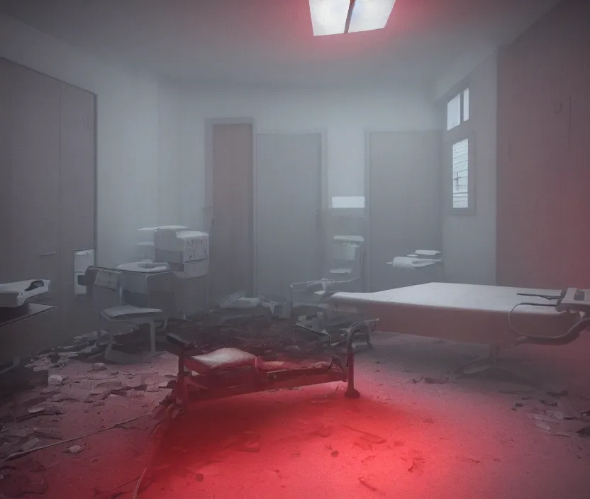 Image similar to Abandoned hospital room with red ceiling lighting and several blue lights on the walls, gloomy and foggy atmosphere, octane render, artstation trending, horror scene, highly detailded