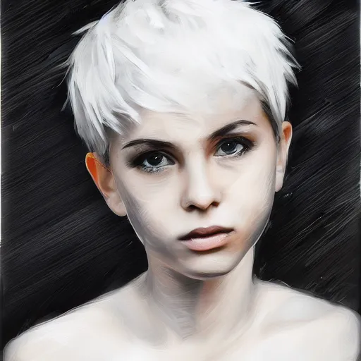 Prompt: Oil portrait with broad brush strokes of a girl with short white hair and black eyes in Final Fantasy style, abstract black and white background, large film grain, smooth gradients, sharp shapes