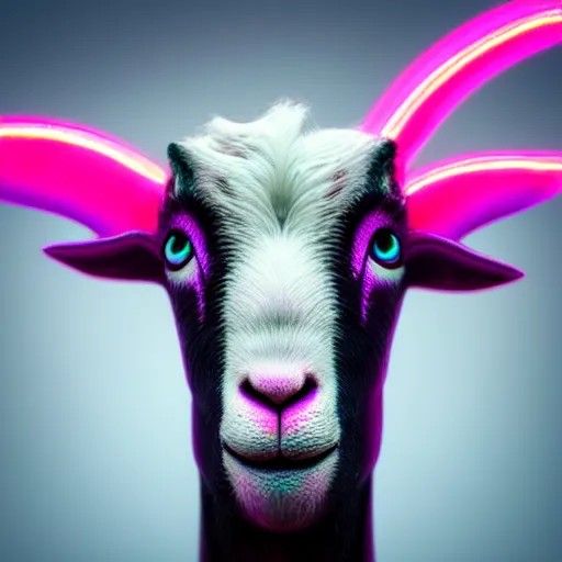 Image similar to synthwave goat face with neon horns, detailed face, sharp focus, synthwave art, aesthetic, octane render, raw, cinematic