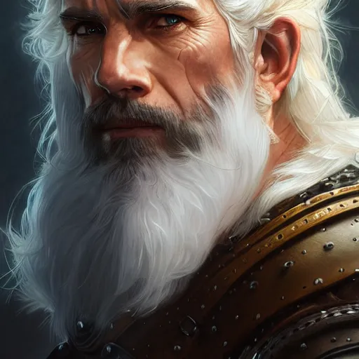 Prompt: portrait of a ruggedly handsome paladin, white hair, muscular, half body, leather, hairy, d & d, fantasy, intricate, elegant, highly detailed, digital painting, artstation, concept art, smooth, sharp focus, illustration, art by artgerm and greg rutkowski and alphonse mucha