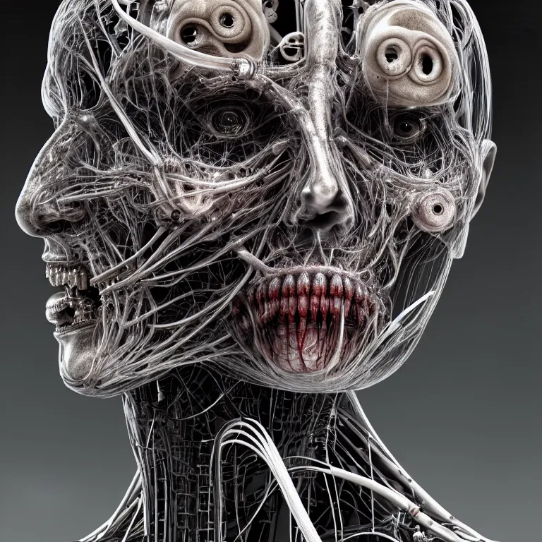 Image similar to portrait of neural nightmares by yoshitaka amano and HR Giger, detailed face face face face, facial structure, hd, 8k, very very very very electronic, biomechanical, biology, bio, neural machine