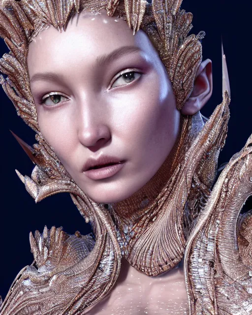 Image similar to a highly detailed metahuman 4 k close up render of an alien goddess bella hadid as alien in iris van herpen dress schiaparelli in diamonds crystals swarovski and jewelry iridescent in style of alphonse mucha gustav klimt trending on artstation made in unreal engine 4