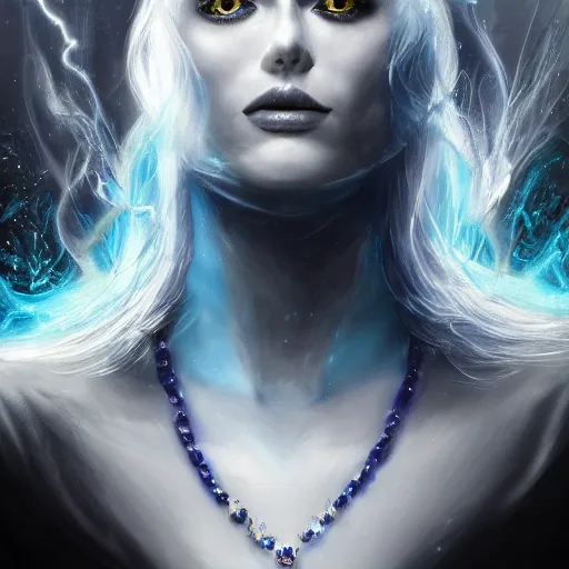 Prompt: masterpiece portrait of an aesthetic mage woman, ice spell, 3 0 years old woman, black dynamic hair, wearing silver diadem with blue gems inlays, silver necklace, painting by joachim bergauer and magali villeneuve, atmospheric effects, chaotic blue sparks dynamics in the background, intricate, artstation, fantasy