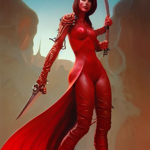 Image similar to a female demon wearing a skintight red mechanics jumpsuit holding a sword, intricate, elegant, highly detailed, digital painting, artstation, concept art, smooth, sharp focus, illustration, art by artgerm and greg rutkowski and alphonse mucha, 8 k