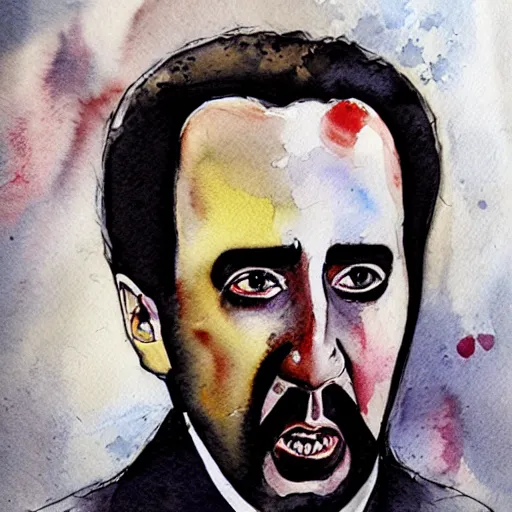 Image similar to watercolor portrait of nicolas cage as count dracula, detailed, centered, duotone