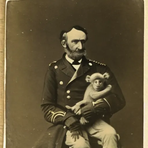 Image similar to a 1 8 5 8 photo of general pitzer, a union general, holding a baby monkey