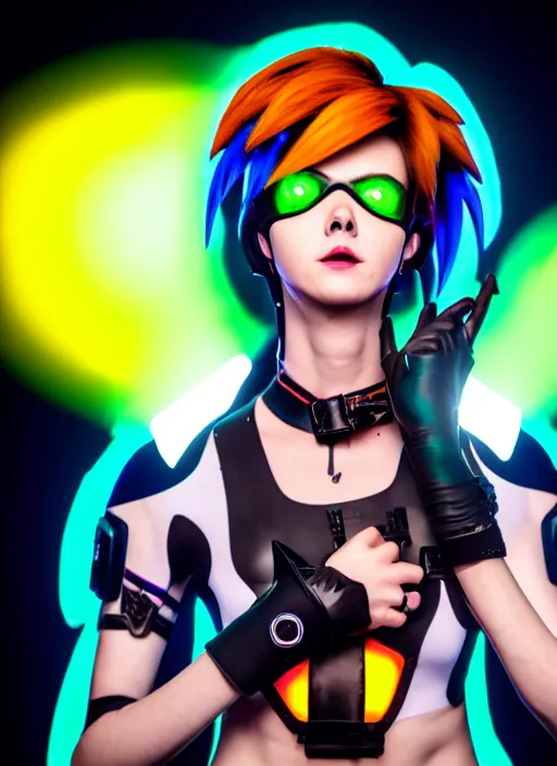 Image similar to full body overwatch style oil painting portrait of tracer overwatch, confident pose, full body, full body, wearing black jagged iridescent rainbow latex armor, rainbow, neon, 4 k, expressive surprised expression, makeup, wearing large rainbow neon choker, studio lighting, acid, trippy, black leather harness, expressive detailed face and eyes,