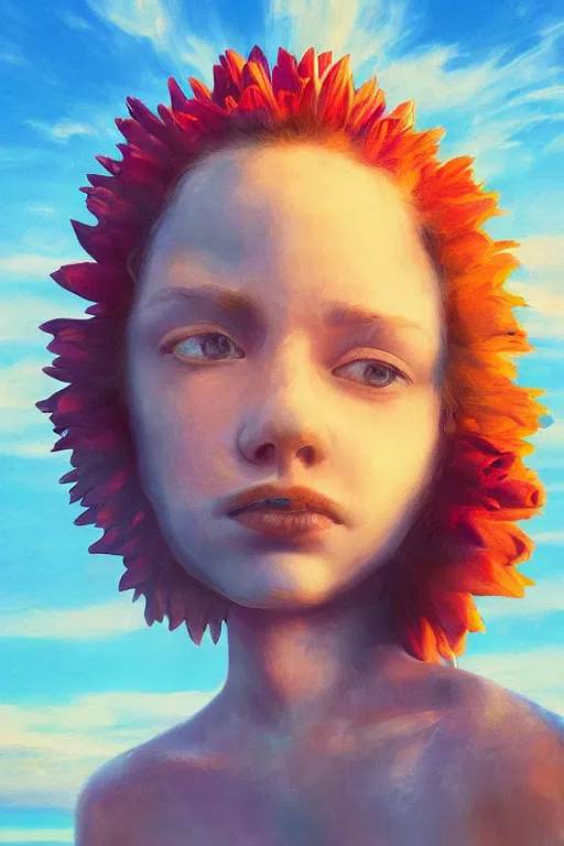 Image similar to closeup girl with huge dahlia flower head, portrait on beach, surreal photography, blue sky, sunrise, dramatic light, impressionist painting, digital painting, artstation, simon stalenhag