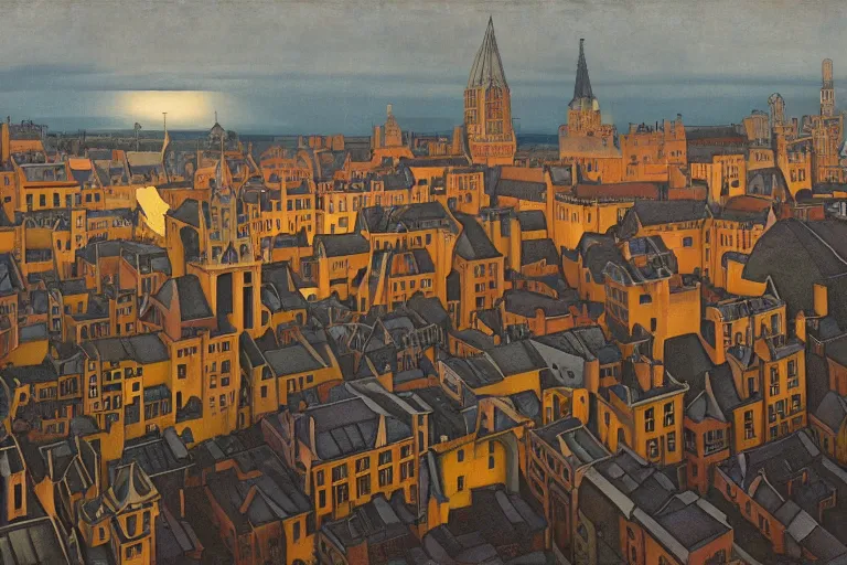 Image similar to view of the old grey city and its winding streets still wet after a storm, tall windows lit up, beautiful ornamental architecture, dramatic cinematic lighting, rich colors, by Nicholas Roerich and William Dyce and ford madox brown and April Gornik and Sylvain Sarrailh and Ludwig Deutsch and Diego Rivera, featured on artstation