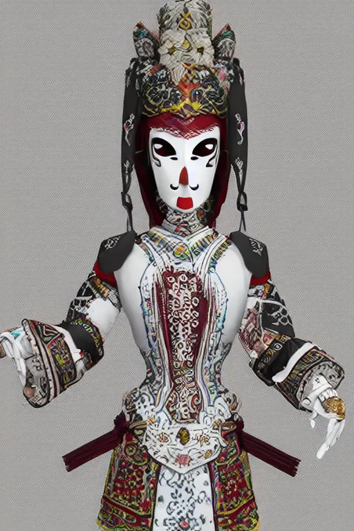 Image similar to female adventurer in tight full - body white embroidered leather armor of vyshyvanka design and a japanese - style white porcelain crow mask, trending in artstation, ukrainian, establishing shot