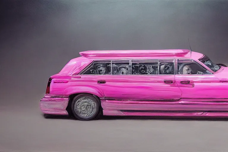 Image similar to a highly detailed pink stretch limo overflowing with cash, detailed painting by arturo faldi, trending on deviantart, octane, masterpiece