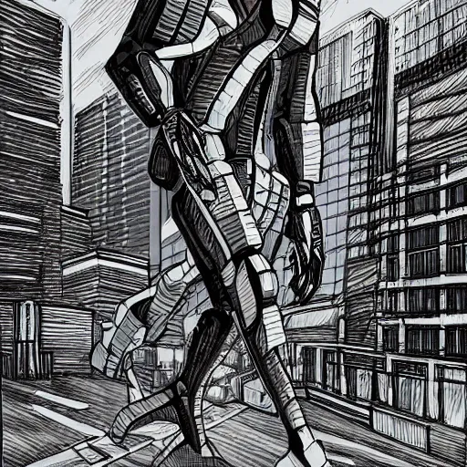 Image similar to nimble cybernetic exoskeleton running at an angle through a dilapidated cityscape drawn by Kevin siembada