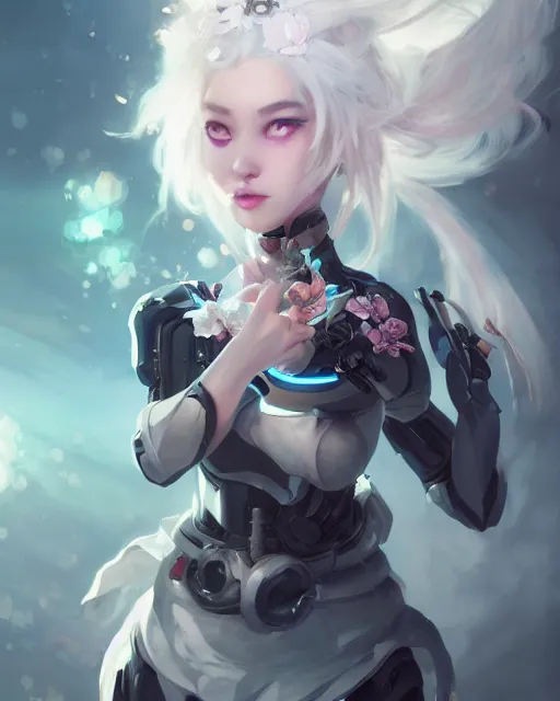 Image similar to cyborg girl with white hair and black skirt, flower decorations, dreamy, beautiful illustration, scifi, radiant, atmosphere, harmony, top lighting, blue eyes, focused, perfect composition, artstation, highly detailed, art by yuhong ding and chengwei pan and serafleur and ina wong