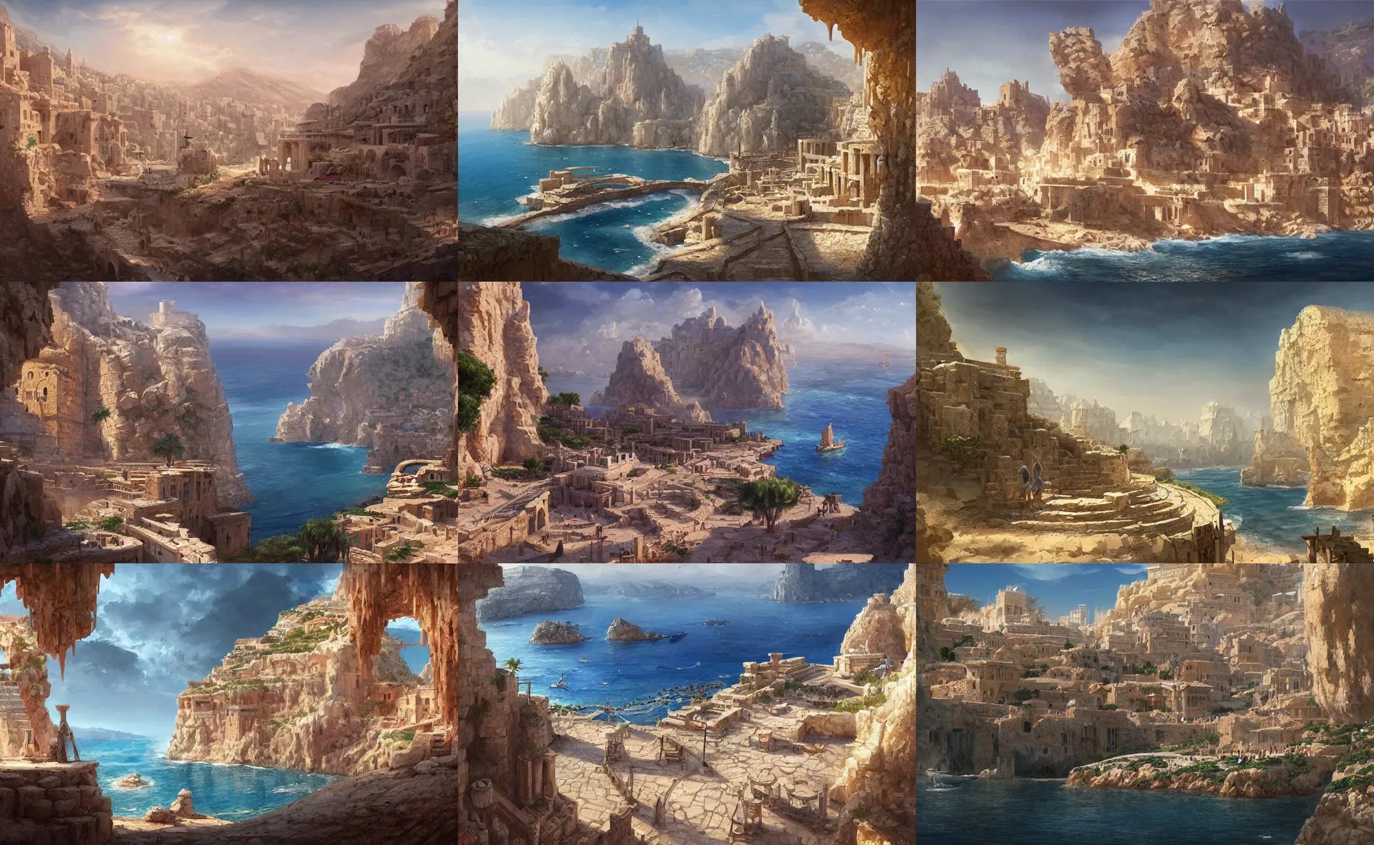 Prompt: mediterranean phoenician city, over a chalk cliff, highly detailed, digital painting, artstation, concept art, sharp focus, illustration, art by artgerm and greg rutkowski and raphael lacoste and magali villeneuve