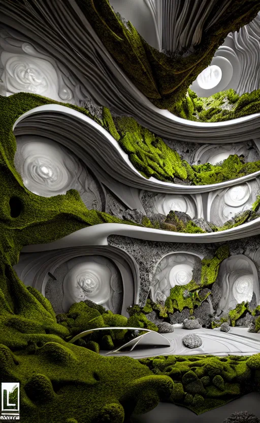 Image similar to highly detailed ultra sharp 3 d render villa interior cinematic composition of a smooth ceramic porcelain biomorphic magnolia stone nebula fluid fractal sci - fi surreal architecture landscape, granite, metallic, magnesium, marble, moss and lichen, vincent callebaut composition, mamou - mani, archviz, beautiful lighting, 8 k, unreal engine, hdr,