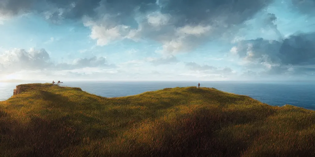 Prompt: Field on the edge of a cliff overlooking the ocean by Jessica Rossier and Alena Aenami