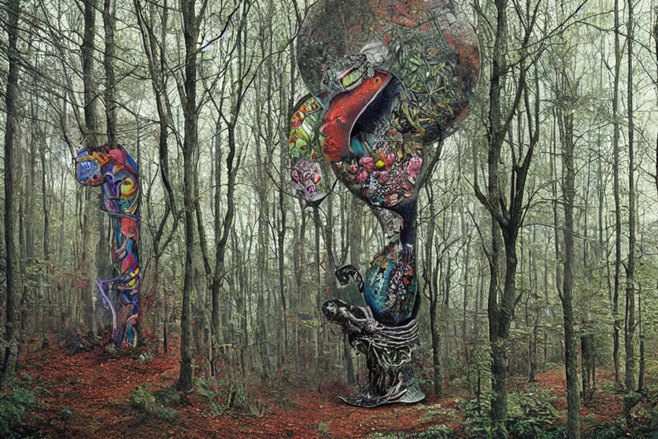 Image similar to anamorphic surrealist graffiti of a forest, by birdo, alex maksiov and john pugh