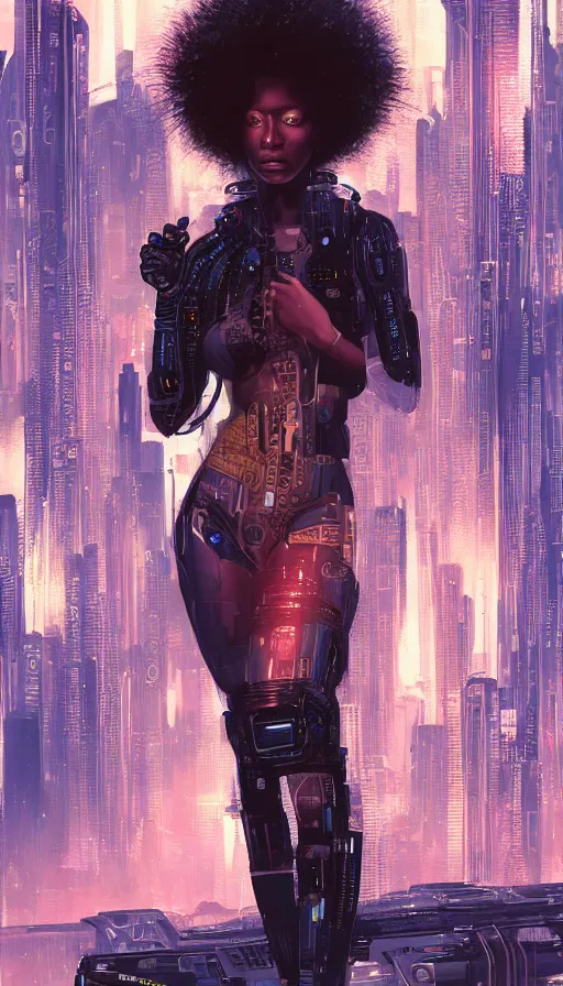 Prompt: a beautiful young Black woman, cyberpunk, Blade Runner city background, highly detailed, artstation, illustration, art by Gustav Klimt