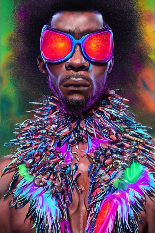 Image similar to detailed full body concept illustration of an African male with body augmentations, strong neon lighting, Afrofuturism, extravagant feathered collar, by glenn fabry, hyper realistic, HD, oil on canvas