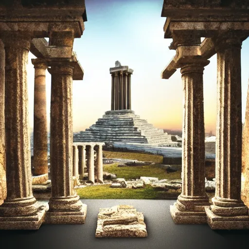 Prompt: a marble statue of a roman temple captured in a glass pyramid, bokeh, matte painting