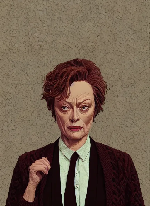 Prompt: twin peaks poster artwork by michael whelan and tomer hanuka, rendering of close up portrait of rue mcclanahan, snake scale pattern on sweater vest, full of details, by makoto shinkai and thomas kinkade, matte painting, trending on artstation and unreal engine
