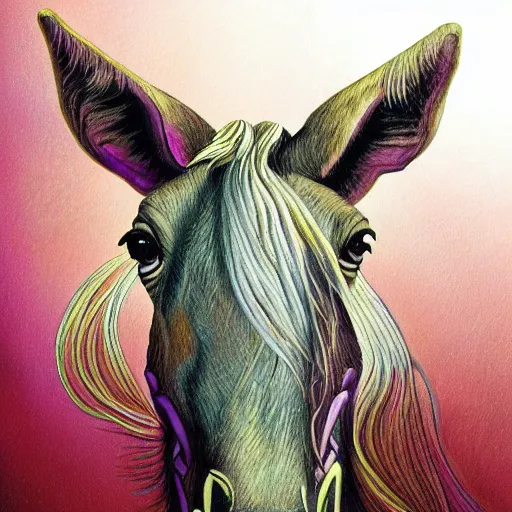 Image similar to a mule in the style of alex grey