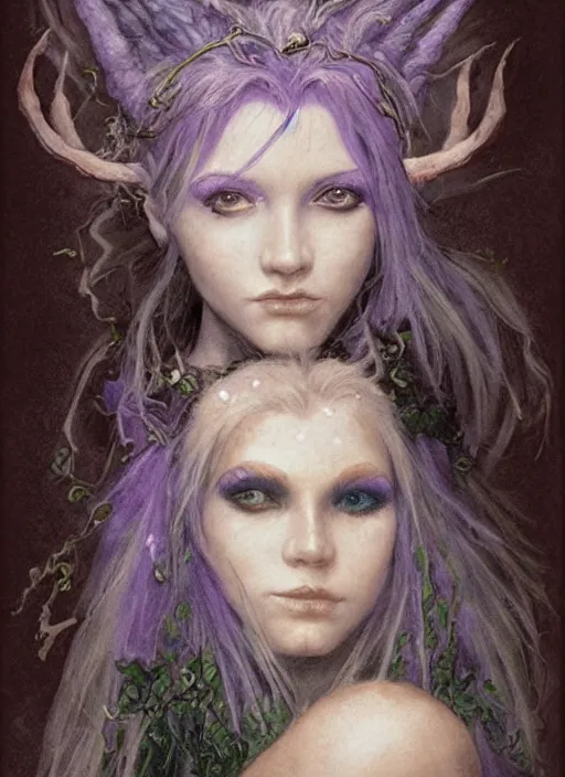 Prompt: portrait of young female sorceress of the endtimes, transluscent skin, lavender hair, beautiful! coherent! dungeons and dragons character, by brian froud, strong line, cool night color, high contrast