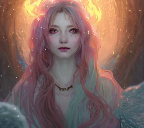 Image similar to beautiful ancient frost witch, pastel fire in eye, snow glow, pool party, highly detailed, digital painting, artstation, sharp focus, illustration, art by tan zi and ayanamikodon and alphonse mucha and wlop