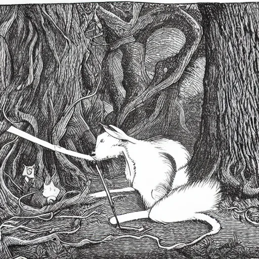 Prompt: a deep dark tangled forest, a white rabbit smoking a cigarette while reclining, a lingering smoke cloud, childrens illustration, by edward gorey, by gustav dore